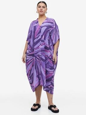 H&M Purple Palm Print Kaftan Dress XL/XXL Tropical Resort